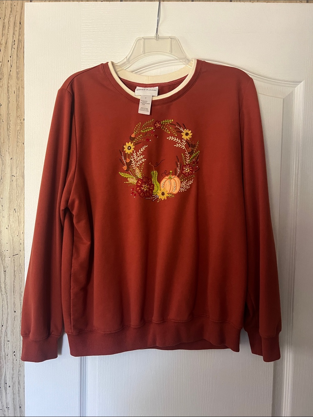 Alfred Dunner Rust Crewneck Sweatshirt with Autumn Wreath Embroidery